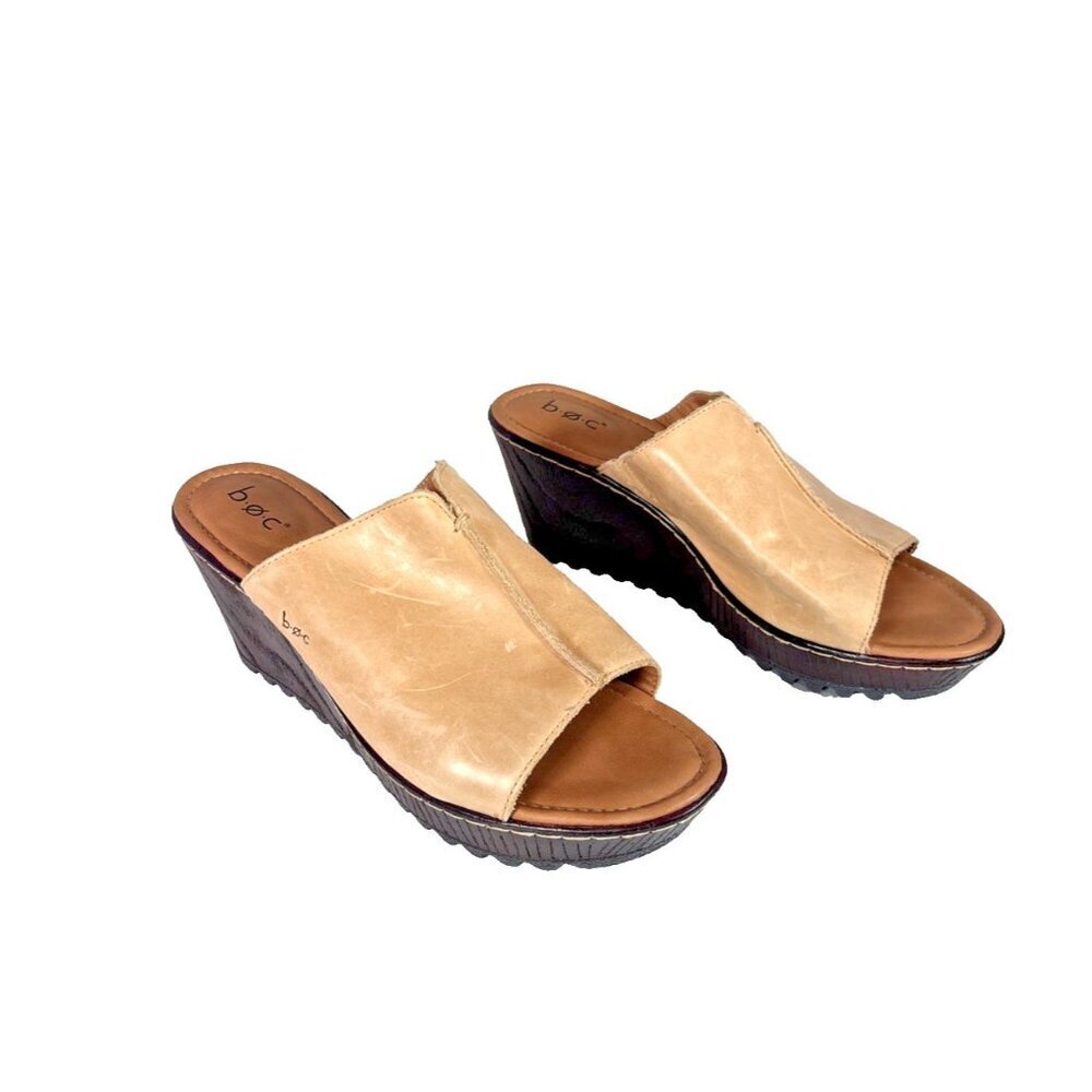 B.O.C. Born Wedge Mules Wenaha Tan Slide On Leather Open Toe Sandals Size 10M